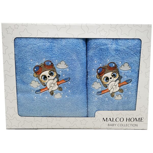 Set of towels 2pcs Malco Home Panda Pilot Light blue