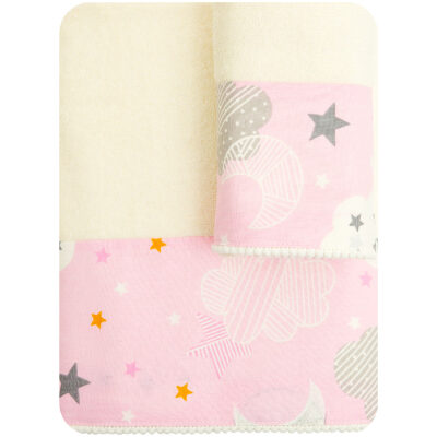 Παιδικές πετσέτες σετ Σύννεφο 70x120cm Εκρού- ροζ Borea. Διαστάσεις: πετσέτα μπάνιου 70x120cm, πετσέτα προ/που 30x50cm. Υλικό: 100% βαμβάκι. Χρώμα: εκρού- ροζ.