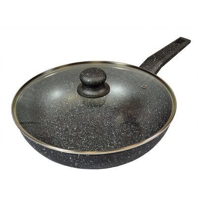 Τηγάνι wok γρανίτης 26cm. Τηγάνι Wok γρανίτης από αλουμίνιο και με τρεις στρώσεις μαρμάρου, με μαλακή εργονομική λαβή, γυάλινο καπάκι, 4 mm πάχους, εξαιρετικής ποιότητας για υγιεινό μαγείρεμα.