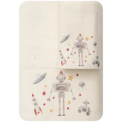 Σετ παιδικές πετσέτες 70x120cm Robot Borea. Διαστάσεις: πετσέτα μπάνιου 70x120cm, πετσέτα προ/που 30x50cm. Υλικό: 100% βαμβάκι. Χρώμα: εκρού.