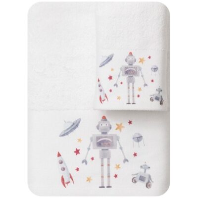 Σετ παιδικές πετσέτες 70x120cm Robot Borea. Διαστάσεις: πετσέτα μπάνιου 70x120cm, πετσέτα προ/που 30x50cm. Υλικό: 100% βαμβάκι. Χρώμα: λευκό.
