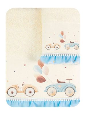 Σετ παιδικές πετσέτες 70x120cm Αυτοκινητάκι Borea. Διαστάσεις: πετσέτα μπάνιου 70x120cm, πετσέτα προ/που 30x50cm. Υλικό: 100% βαμβάκι. Χρώμα: εκρού.
